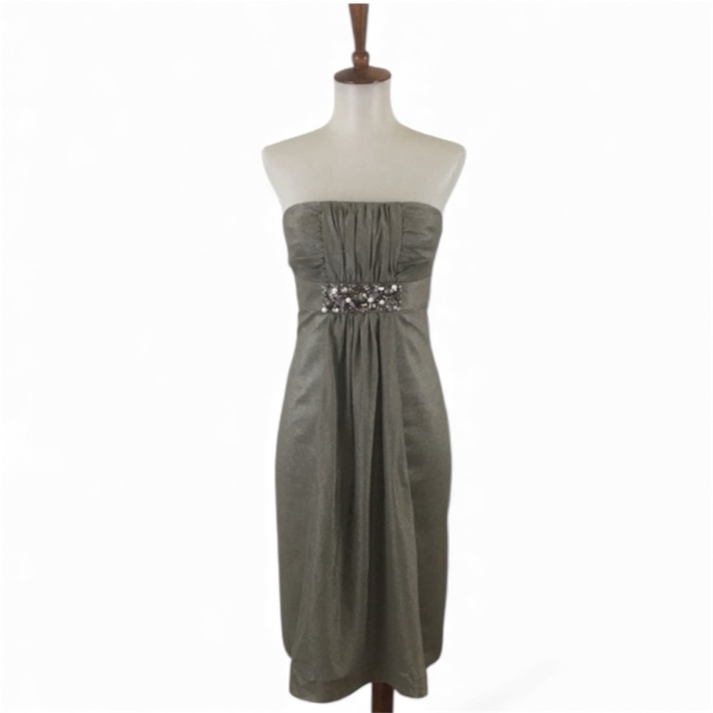 Kay Unger Silver Metallic Dress Women’s 6 Beaded Strapless Sleeveless Sheath‎